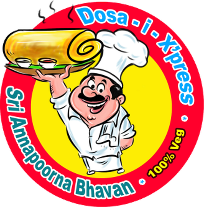 Dosa Express, Sri Annapoorna Bhavan, 100% Veg chef mascot logo